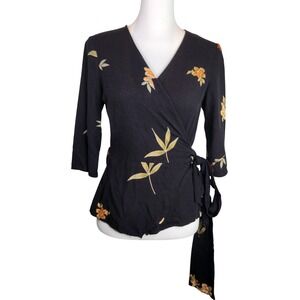 Zara Basic Black Floral Wrap Blouse Sash Tie V-Neck 3/4 Sleeve Top Medium Boho